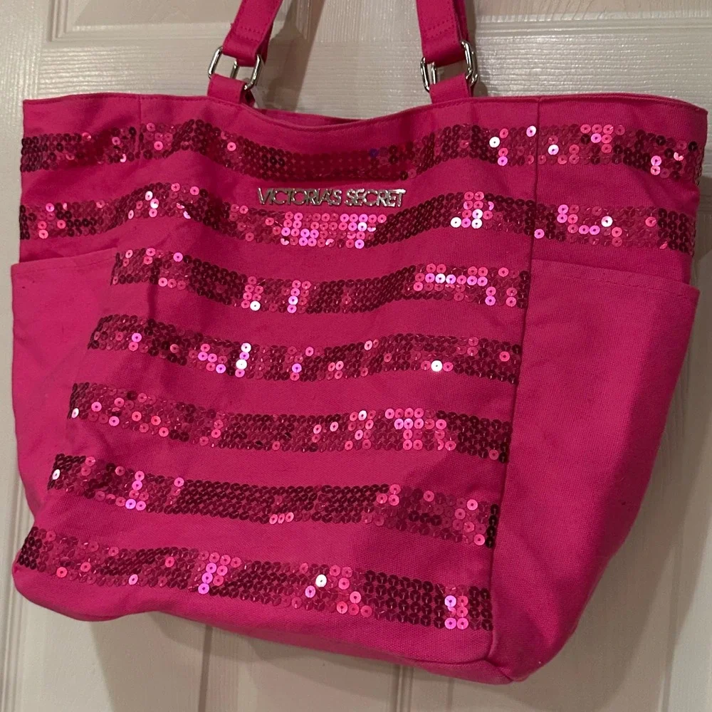 Victorias Secret Pink Sequin Stripe Canvas Tote Bag Shoulder Travel Beach Pink